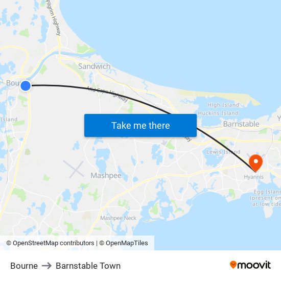 Bourne to Barnstable Town map