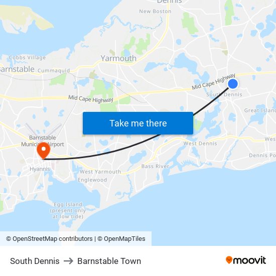 South Dennis to Barnstable Town map