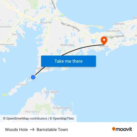 Woods Hole to Barnstable Town map