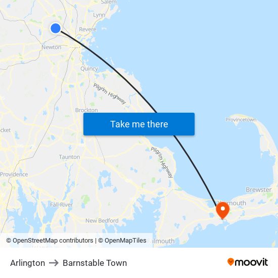 Arlington to Barnstable Town map