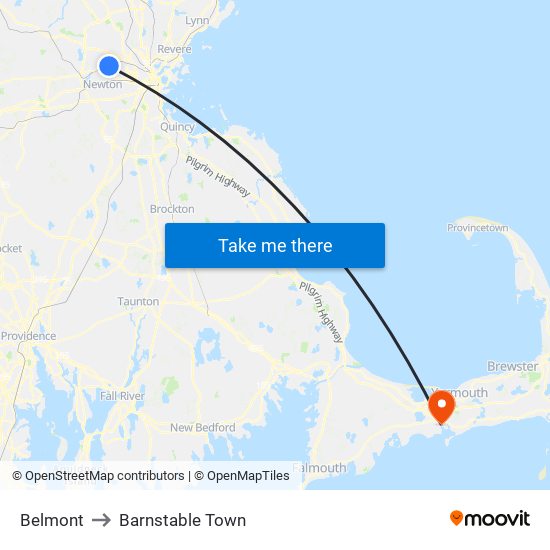 Belmont to Barnstable Town map