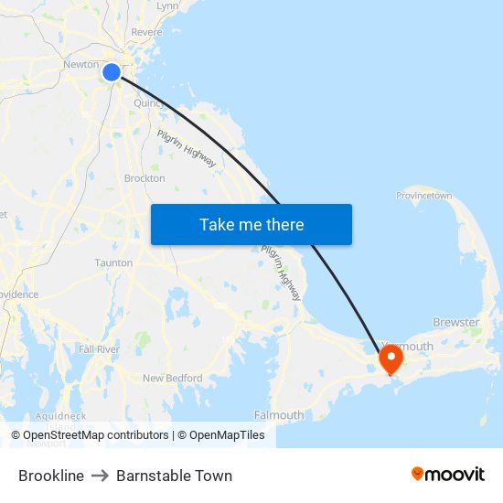 Brookline to Barnstable Town map