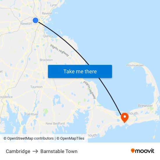 Cambridge to Barnstable Town map