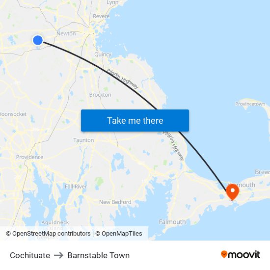 Cochituate to Barnstable Town map