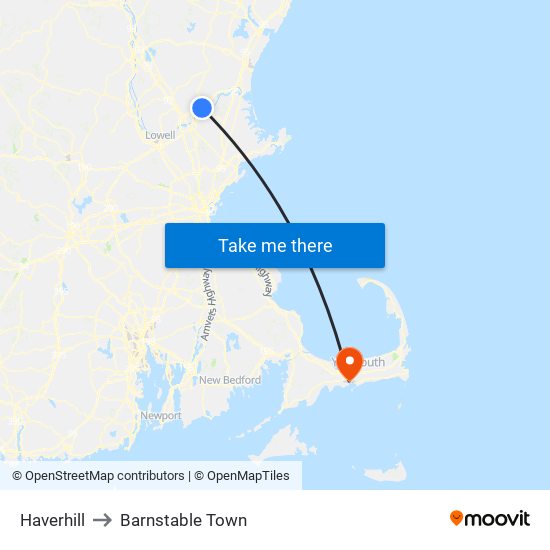 Haverhill to Barnstable Town map
