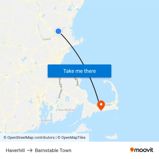 Haverhill to Barnstable Town map