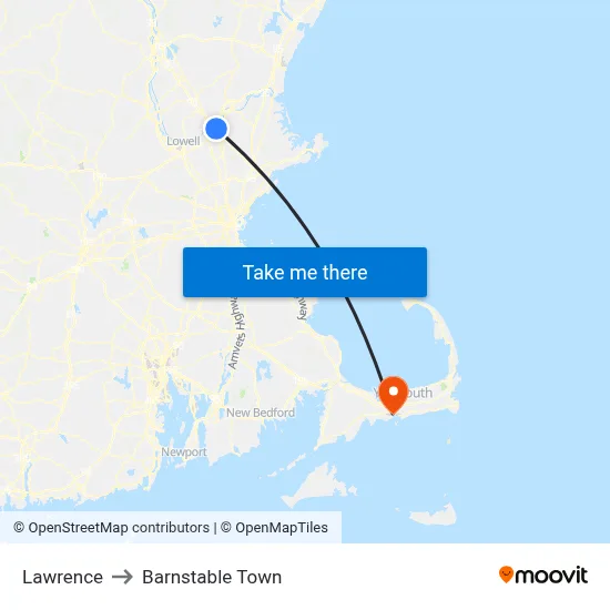 Lawrence to Barnstable Town map