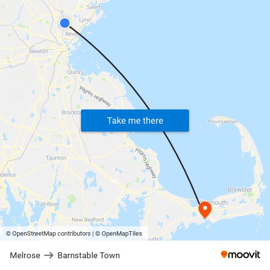 Melrose to Barnstable Town map