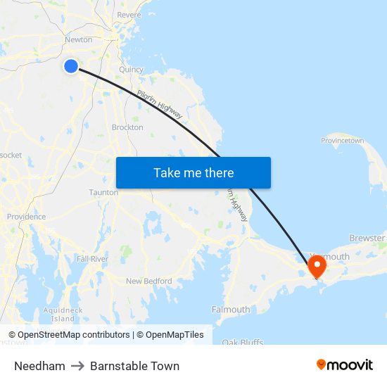 Needham to Barnstable Town map