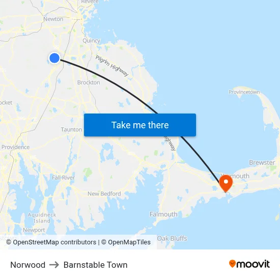 Norwood to Barnstable Town map