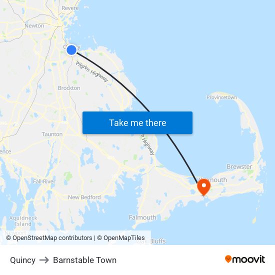 Quincy to Barnstable Town map