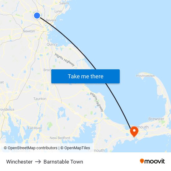 Winchester to Barnstable Town map