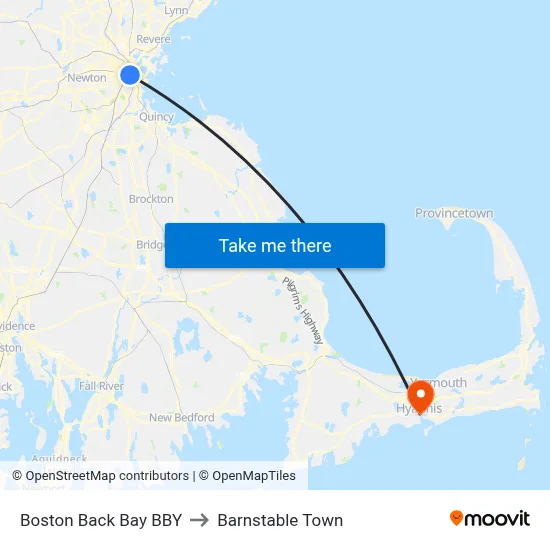 Boston Back Bay BBY to Barnstable Town map