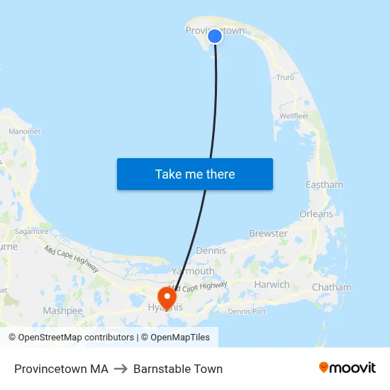 Provincetown MA to Barnstable Town map
