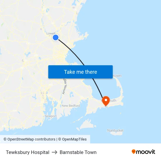 Tewksbury Hospital to Barnstable Town map