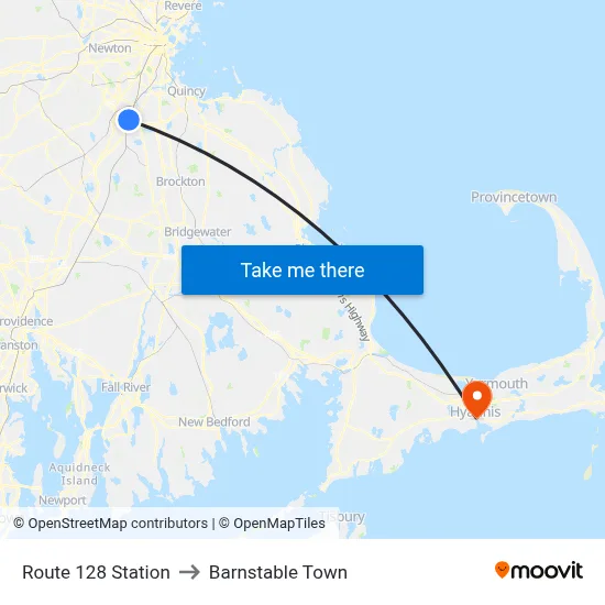 Route 128 Station to Barnstable Town map