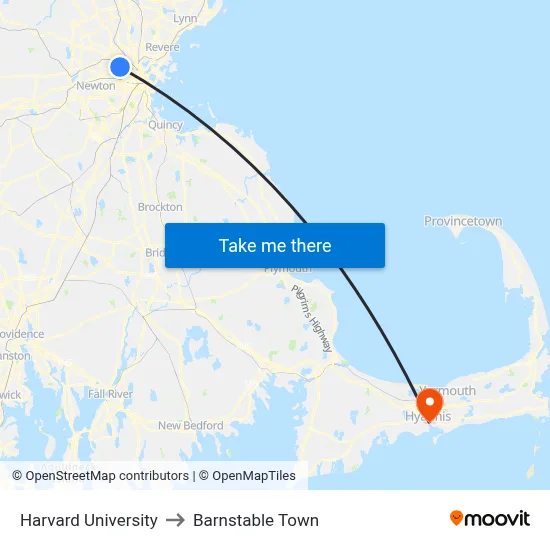 Harvard University to Barnstable Town map