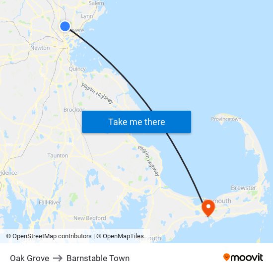 Oak Grove to Barnstable Town map