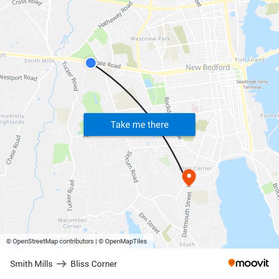 Smith Mills to Bliss Corner map