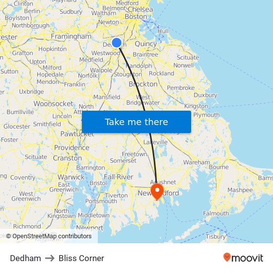 Dedham to Bliss Corner map