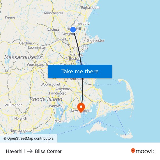 Haverhill to Bliss Corner map