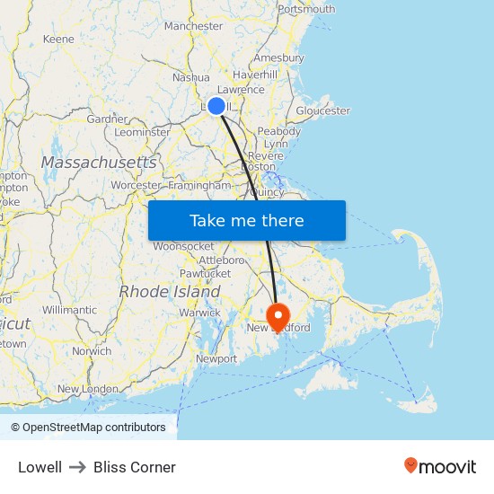 Lowell to Bliss Corner map