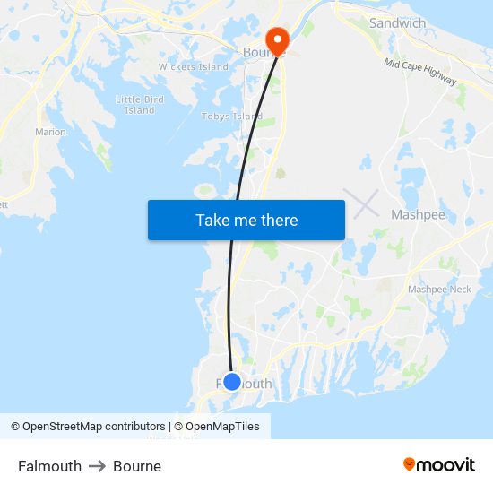 Falmouth to Bourne map