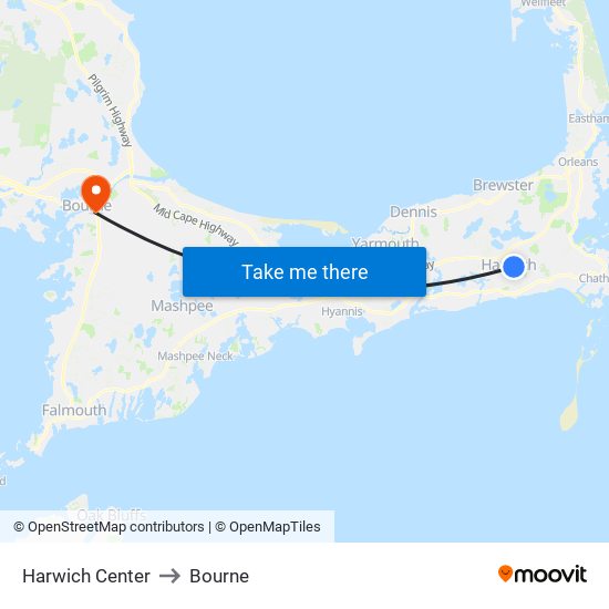 Harwich Center to Bourne map