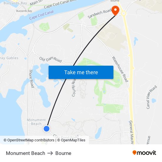 Monument Beach to Bourne map