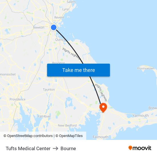 Tufts Medical Center to Bourne map