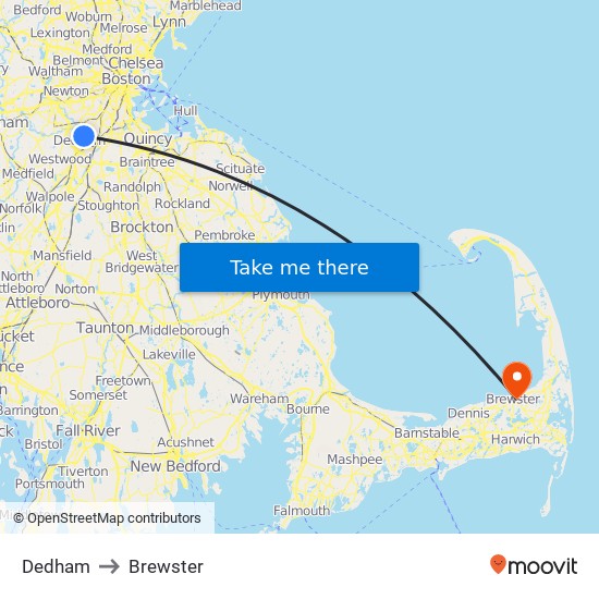 Dedham to Brewster map