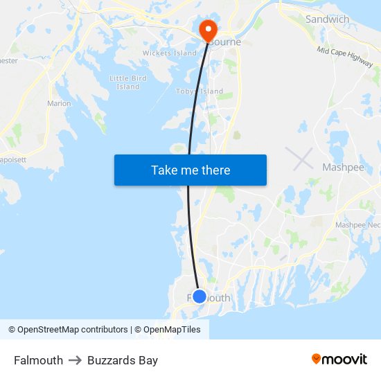 Falmouth to Buzzards Bay map