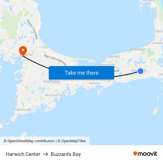 Harwich Center to Buzzards Bay map