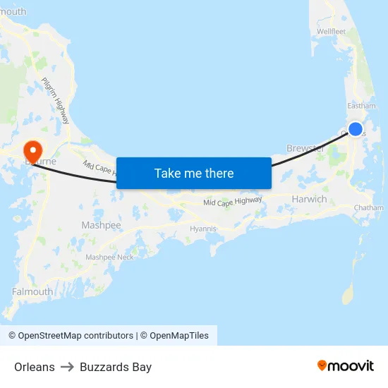 Orleans to Buzzards Bay map