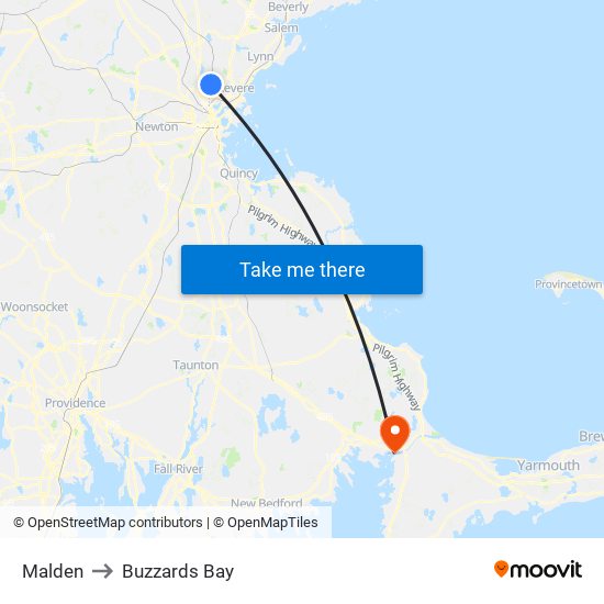 Malden to Buzzards Bay map