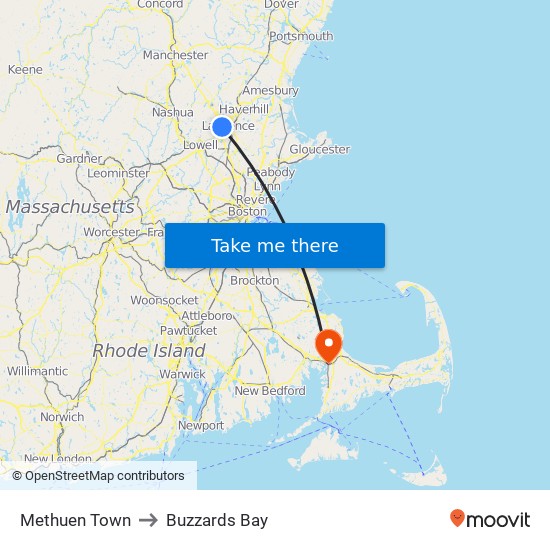 Methuen Town to Buzzards Bay map