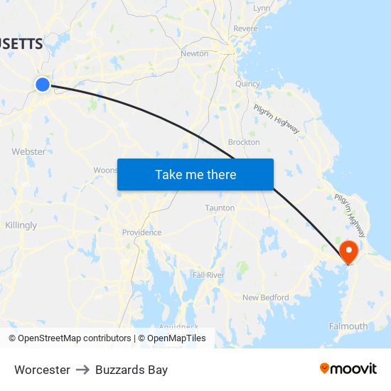 Worcester to Buzzards Bay map