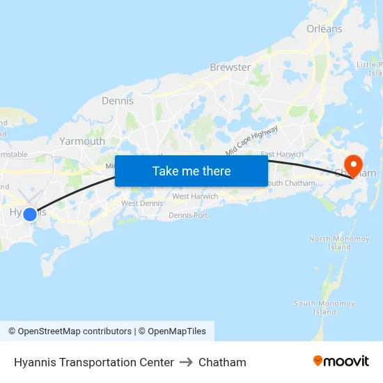 Hyannis Transportation Center to Chatham map