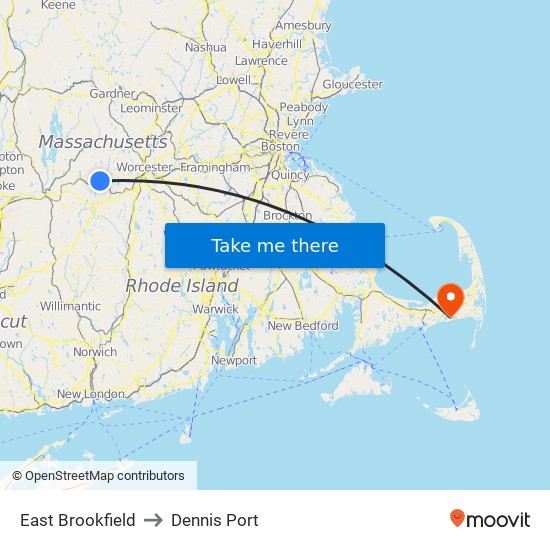 East Brookfield to Dennis Port map