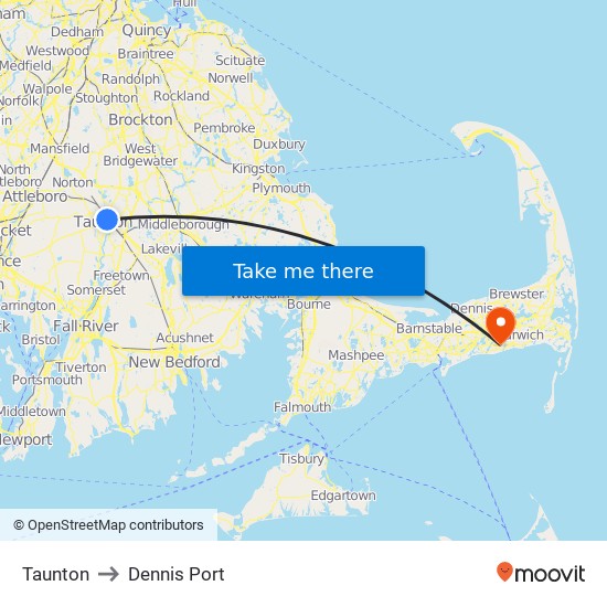 Taunton to Dennis Port map