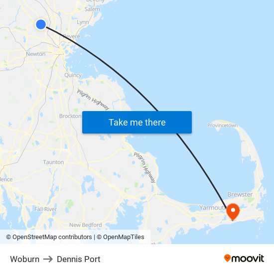 Woburn to Dennis Port map