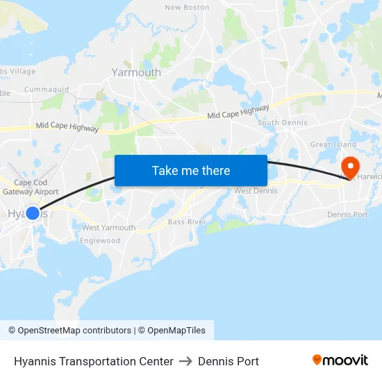 Hyannis Transportation Center to Dennis Port map