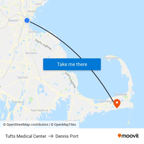 Tufts Medical Center to Dennis Port map