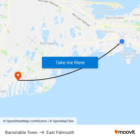 Barnstable Town to East Falmouth map