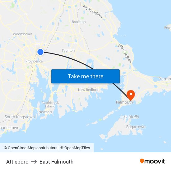 Attleboro to East Falmouth map