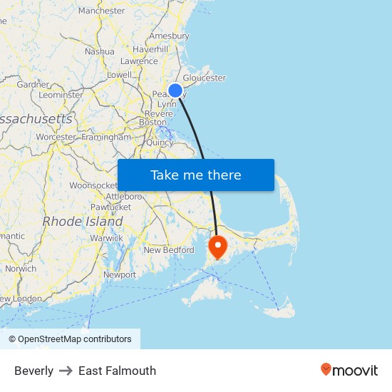 Beverly to East Falmouth map