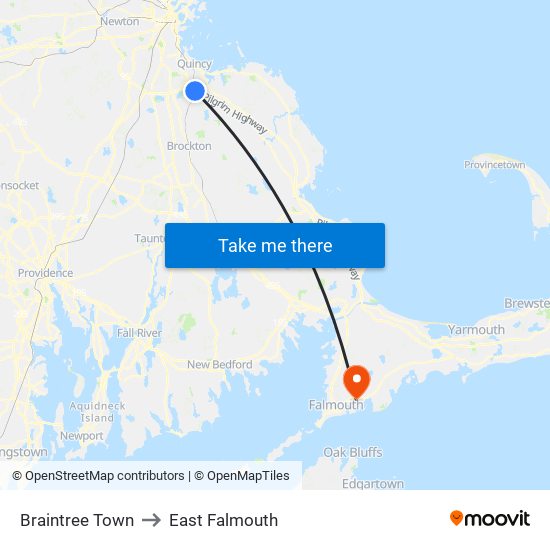 Braintree Town to East Falmouth map