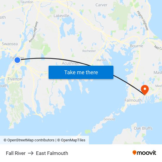 Fall River to East Falmouth map