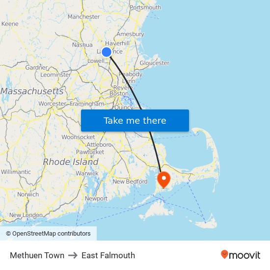 Methuen Town to East Falmouth map