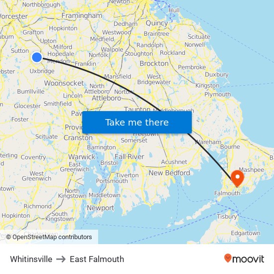 Whitinsville to East Falmouth map